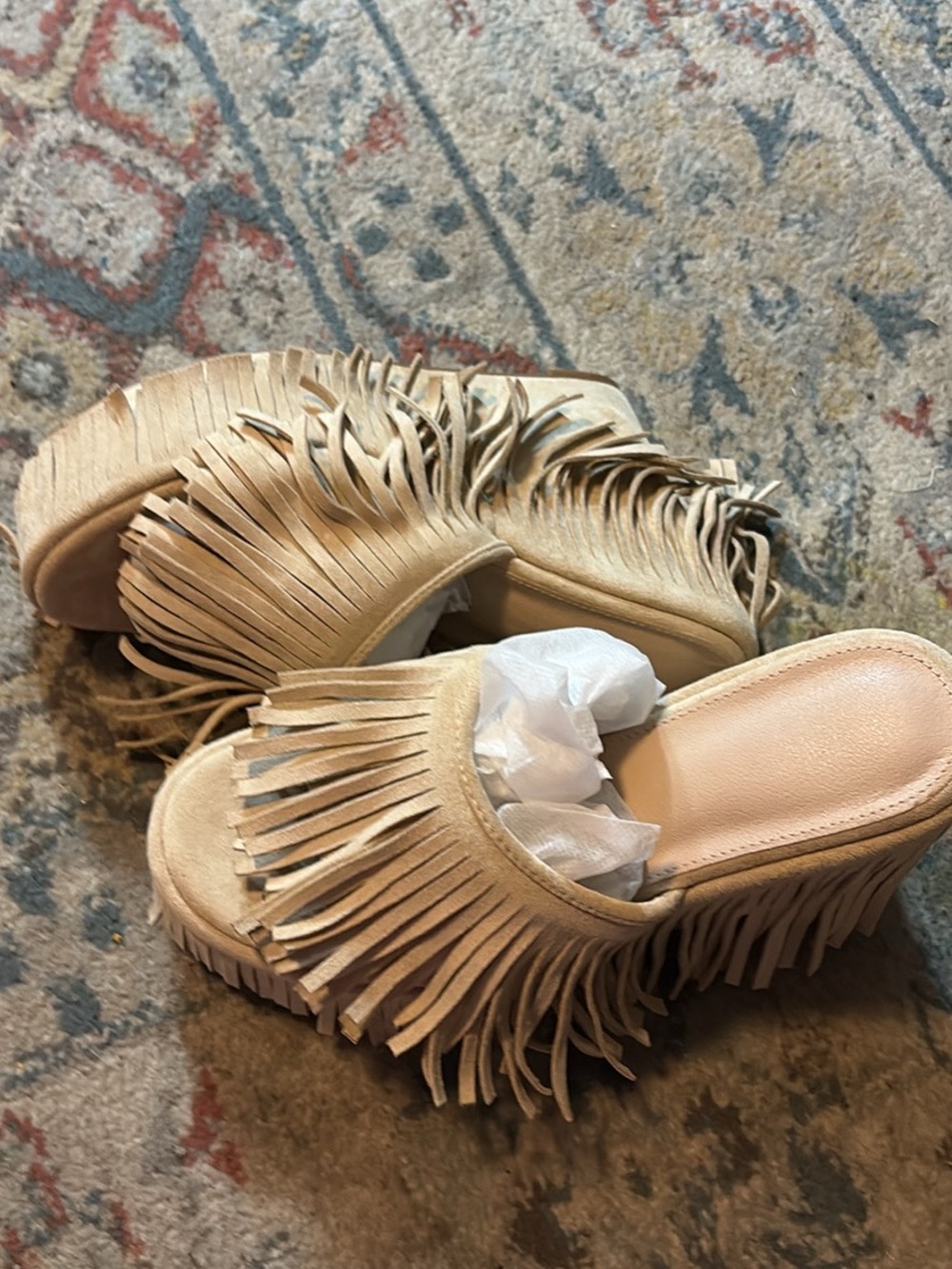 Fringed Slide Mules in Tan Suede - Women's Clog Slides brand new